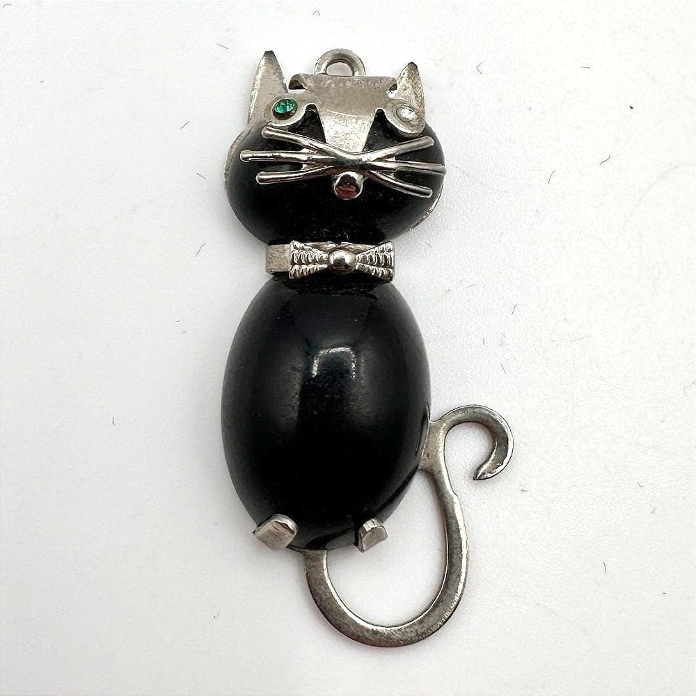 Vintage 80s Silver Tone Black Onyx Bead Cat Green Eye Kitty Necklace Jewelry Y2K